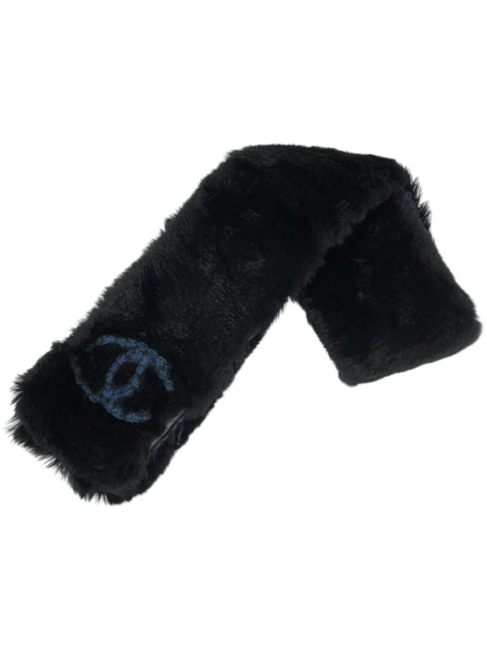 Chanel CC Logo Fur Scarf Shawl Fur Black Blue - Picture 1 of 7